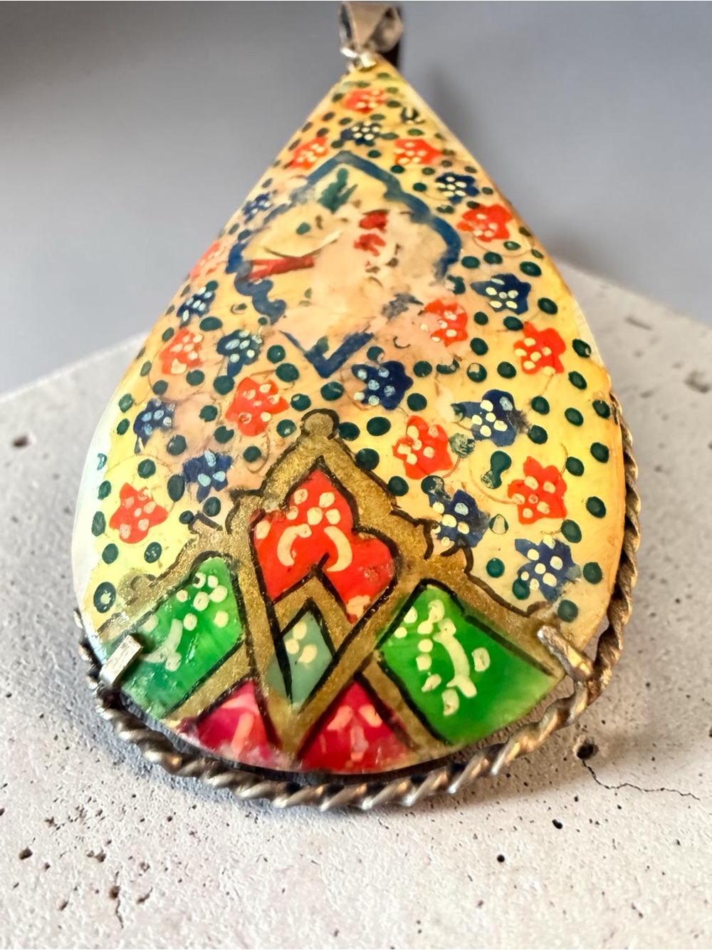 Vintage Persian Miniature Art Pendant Hand Painted Teardrop Statement Pendant